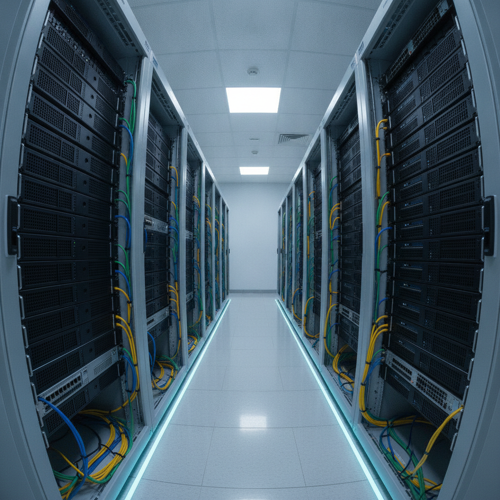 State-of-the-art server room with racks of network equipment and NVRs.