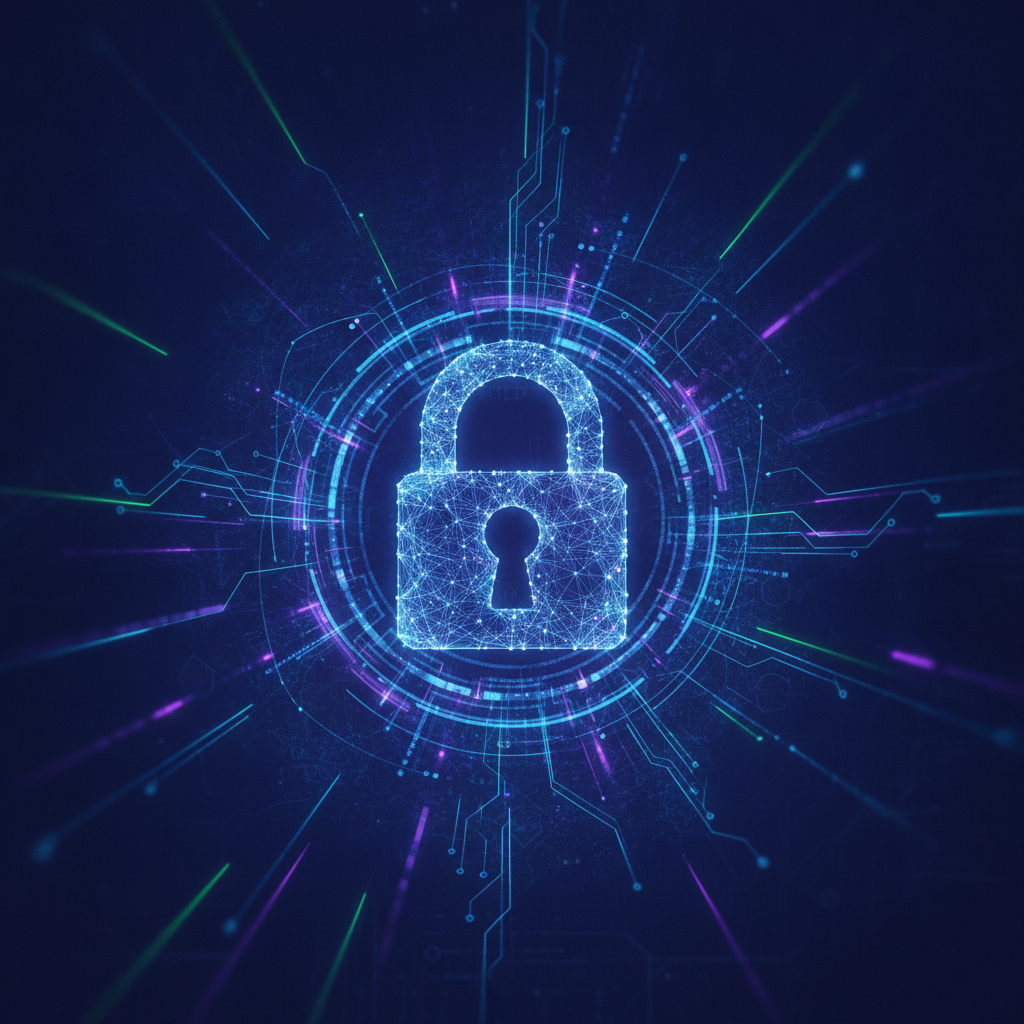 Abstract digital padlock symbolizing secure network and data encryption.