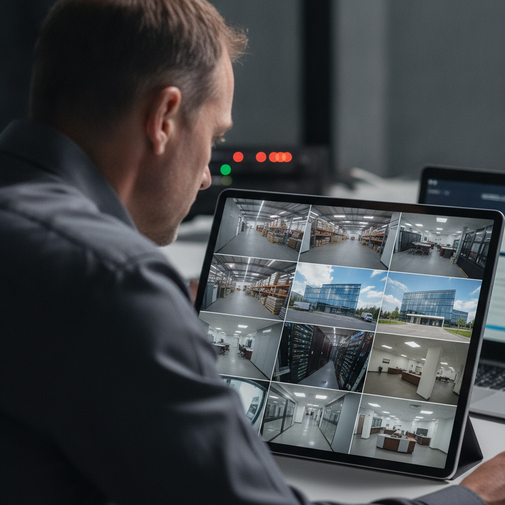 Man monitoring multiple live video surveillance feeds on a tablet, showing different camera views.