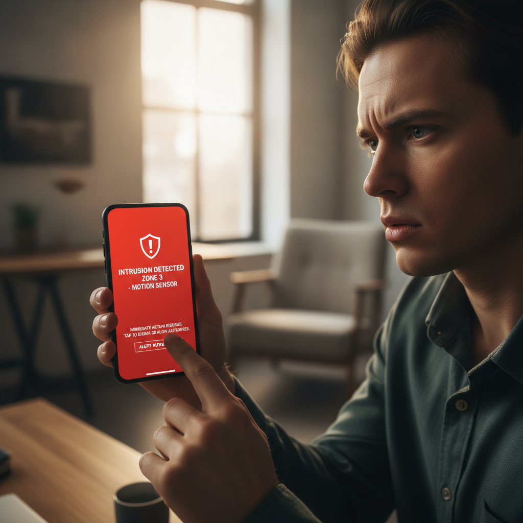 Person receiving an urgent intrusion alarm notification on a smartphone, looking concerned.