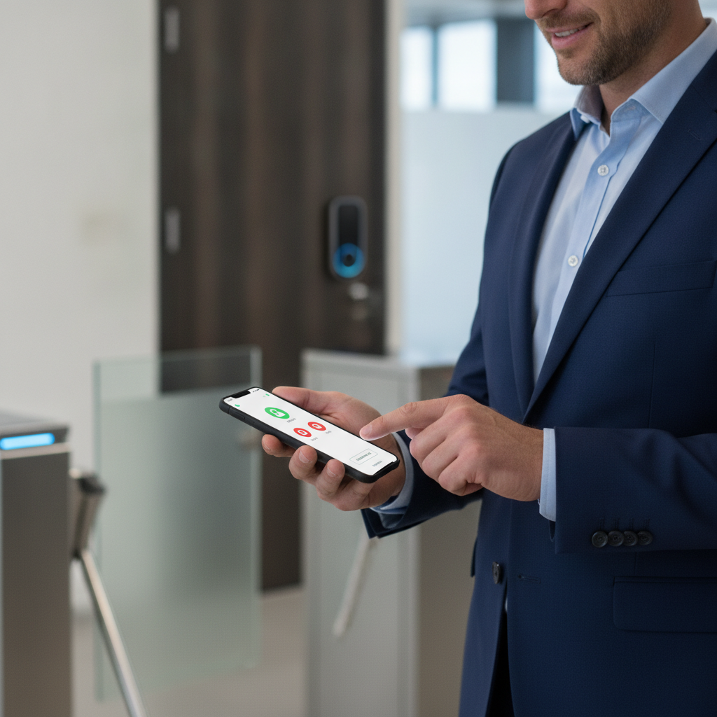 Man using a mobile app on a smartphone to remotely manage access control for a modern office door.