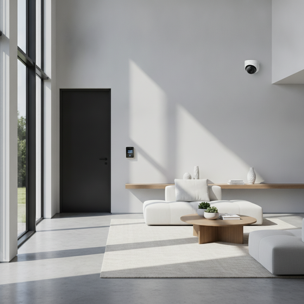 Modern smart home interior with a discreet security camera and alarm panel.