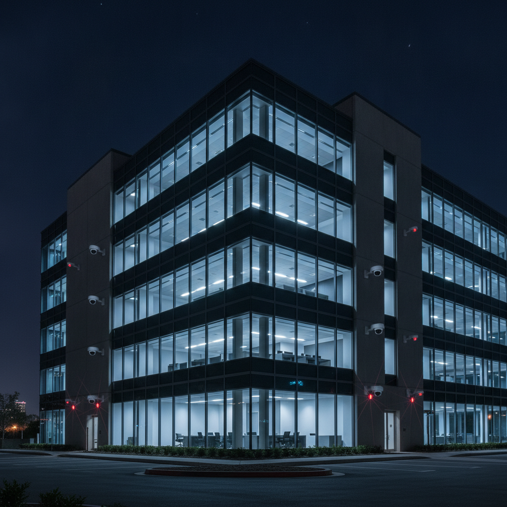 Modern corporate building exterior at night, secured by multiple surveillance cameras.