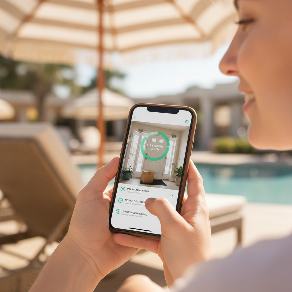 Person on vacation checking a security monitoring app on their smartphone.
