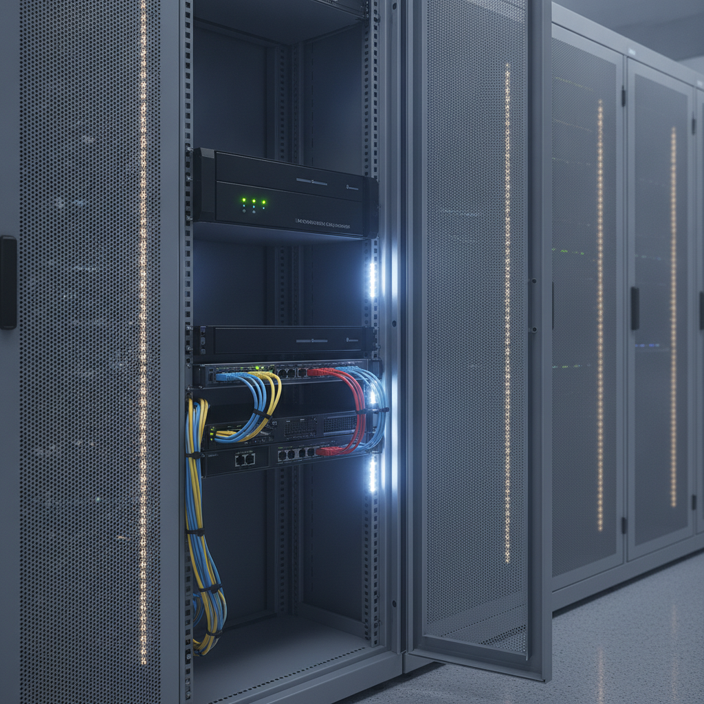High-performance Network Video Recorder (NVR) unit neatly installed in a modern server rack with professional cabling, indicating robust video storage.