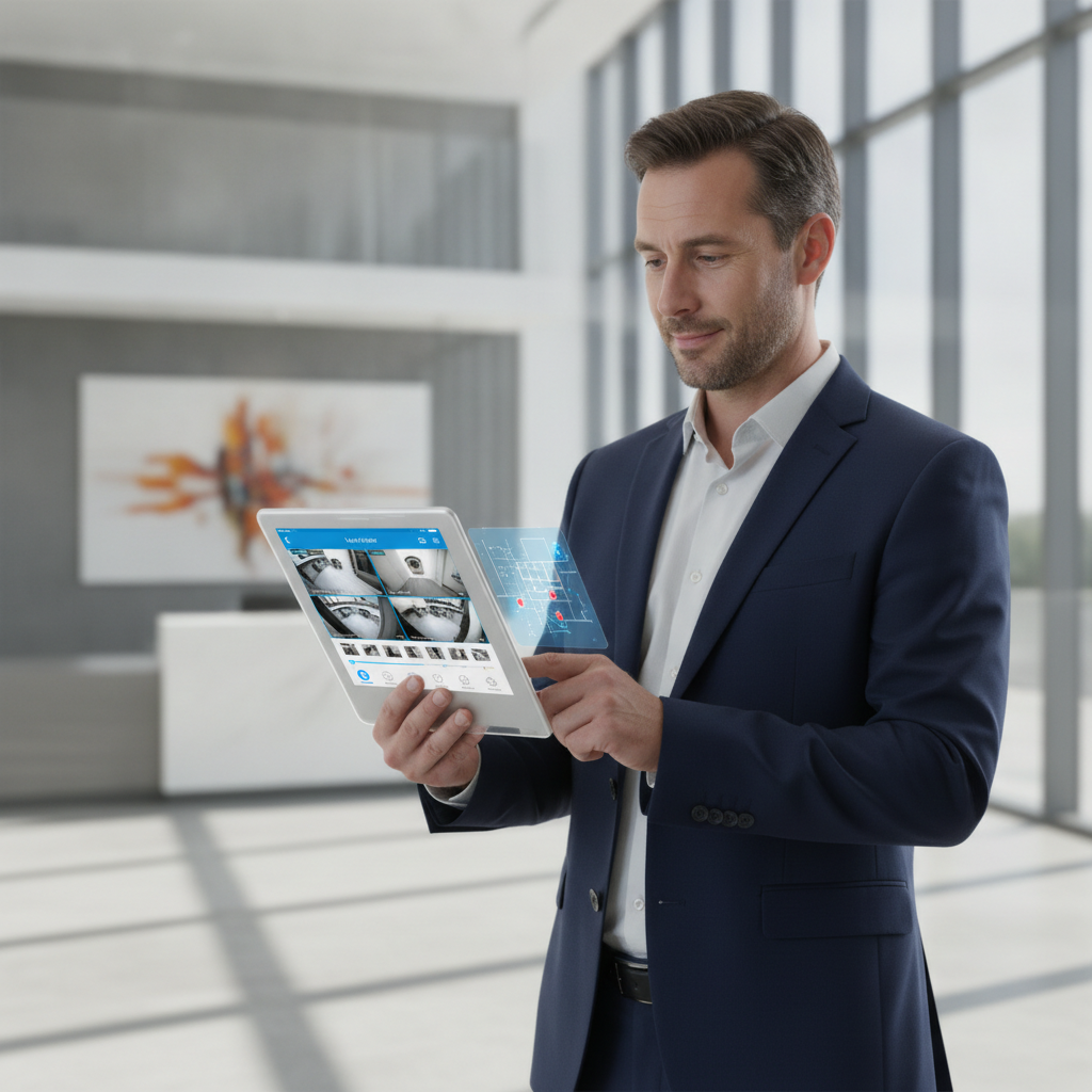 Professional viewing live security camera feeds on a sleek tablet via an intuitive mobile application in a modern office setting.