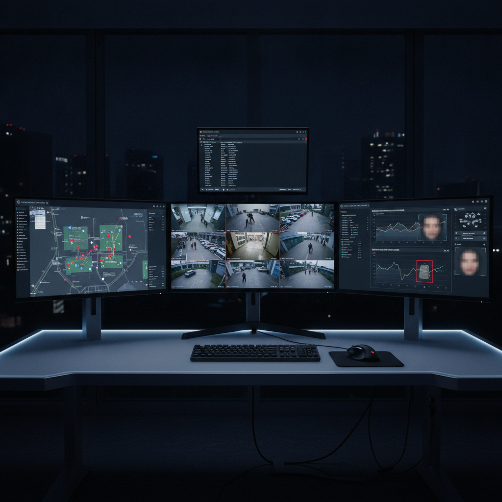 Multi-monitor workstation displaying a sophisticated Video Management System (VMS) with live camera feeds, maps, and analytical data.