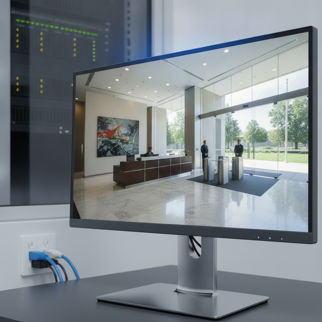 A high-definition security monitor displaying a clear, real-time surveillance feed, with network cables subtly visible.