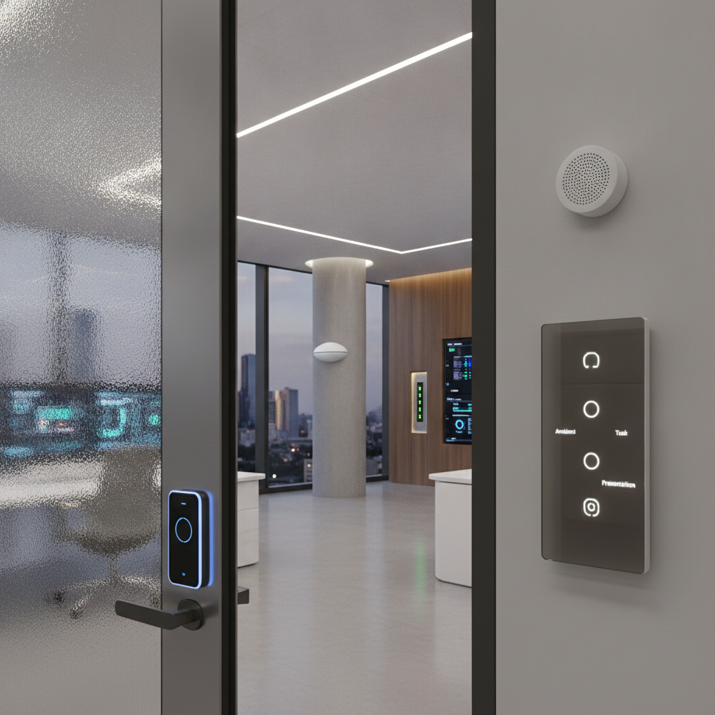 Integrated smart building systems including access control and smart lighting, subtly connected by network devices.