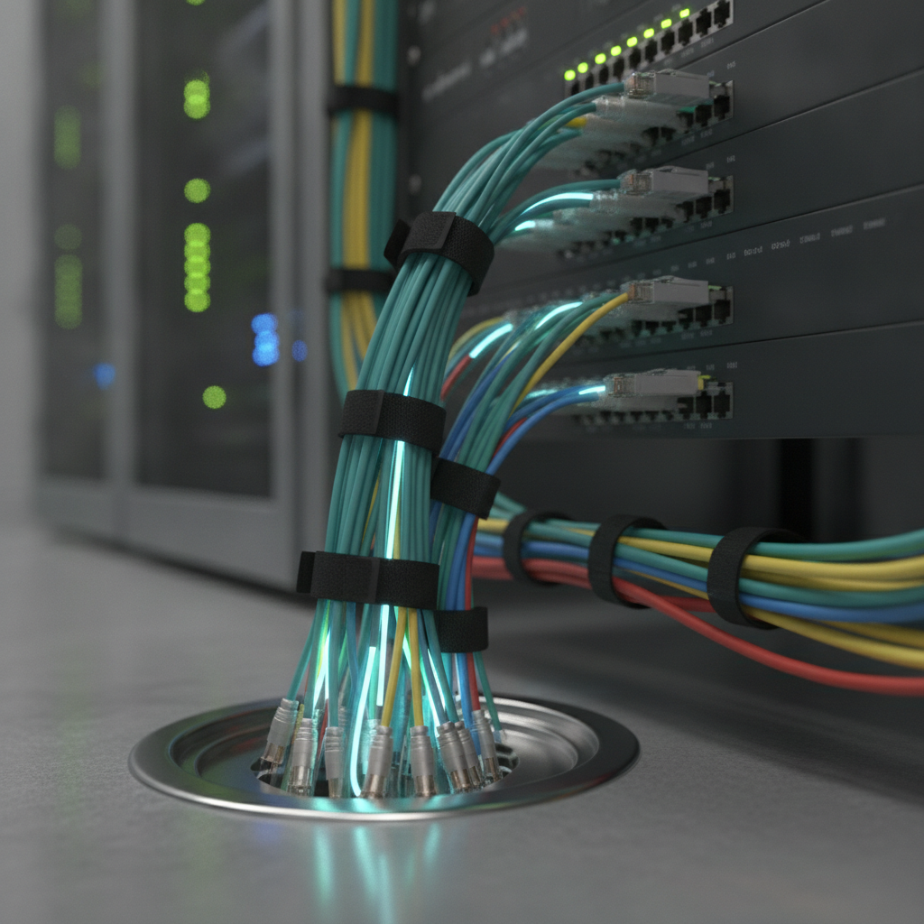 A close-up of meticulously organized fiber optic and Ethernet cables, representing the invisible foundation of network infrastructure.
