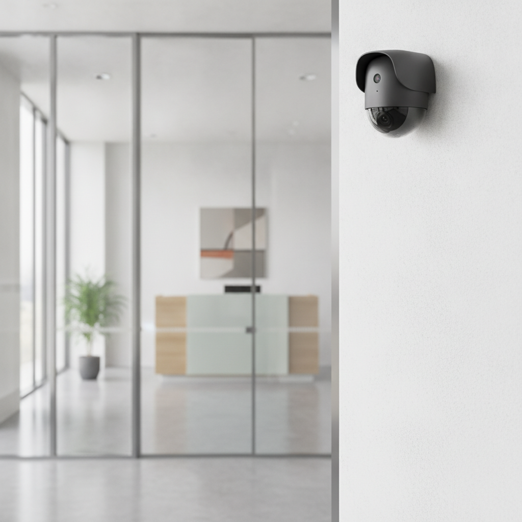 Advanced video surveillance cameras ensuring comprehensive facility monitoring in a modern corporate environment.