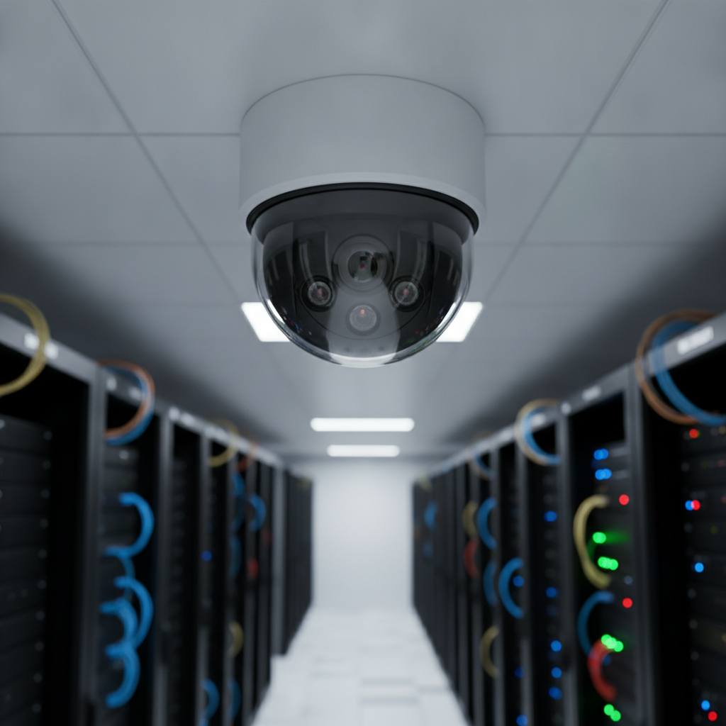 High-definition dome IP camera monitoring a modern server room in a Serbian business.