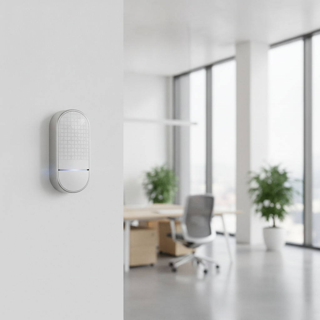 Modern, minimalist motion sensor of an alarm system in a contemporary Serbian office.