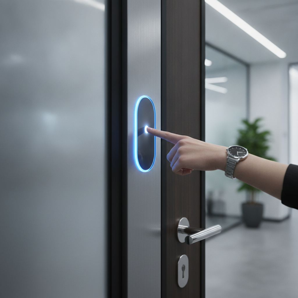 Professional hand using a modern biometric access control system at a secure office door in Serbia.