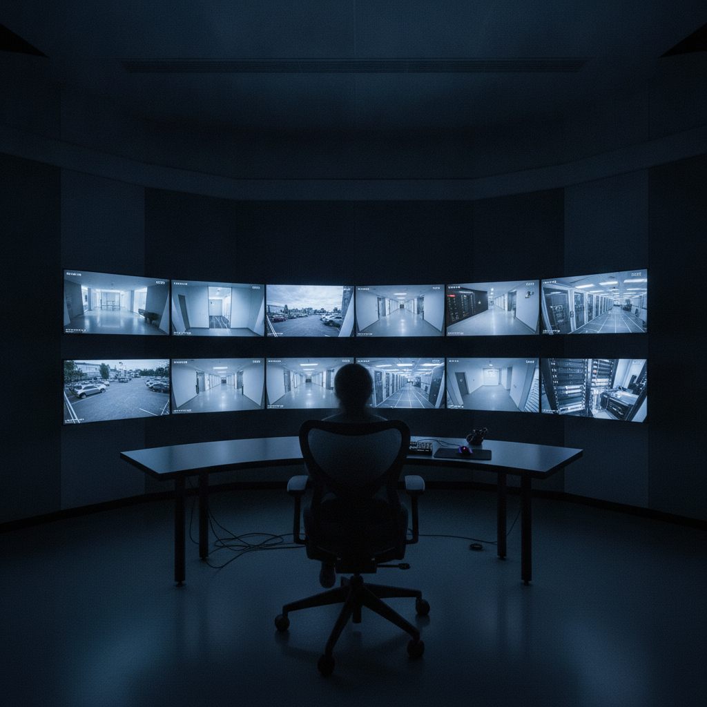 Professional security control room with multiple monitors displaying live surveillance footage.