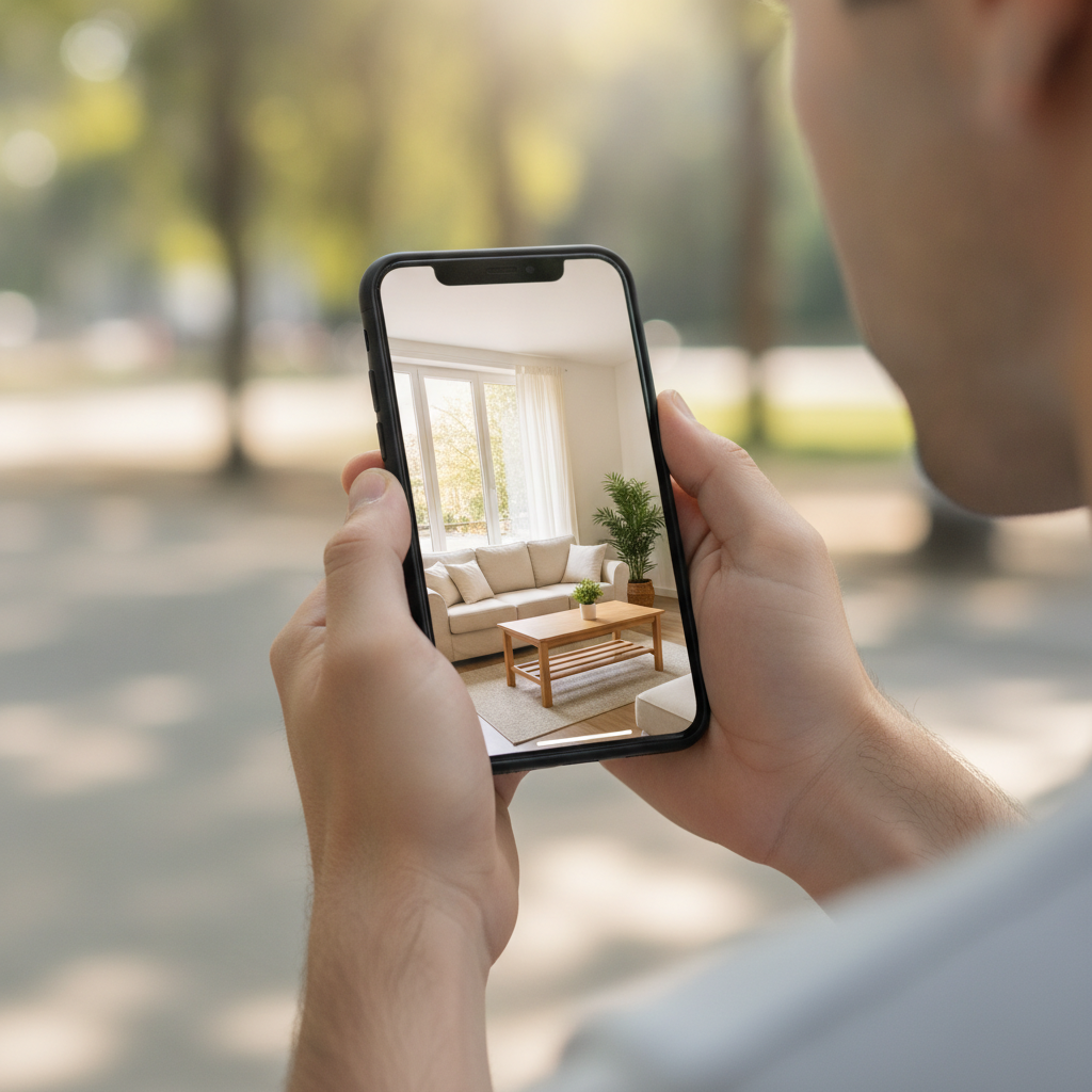 Person checking live home security camera feed on a smartphone while outdoors.