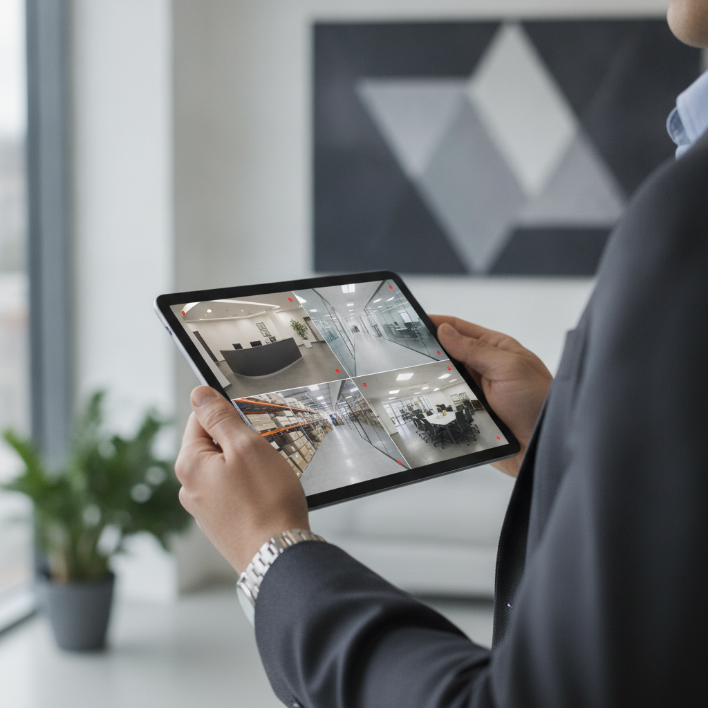 Business professional reviewing live office security camera feeds on a tablet.