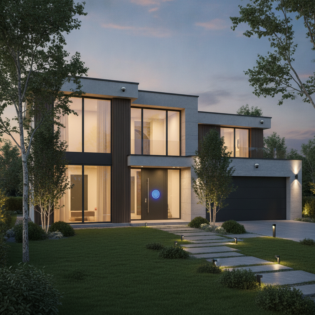 Modern Serbian home protected by discreet video surveillance, alarm sensors, and smart access control.