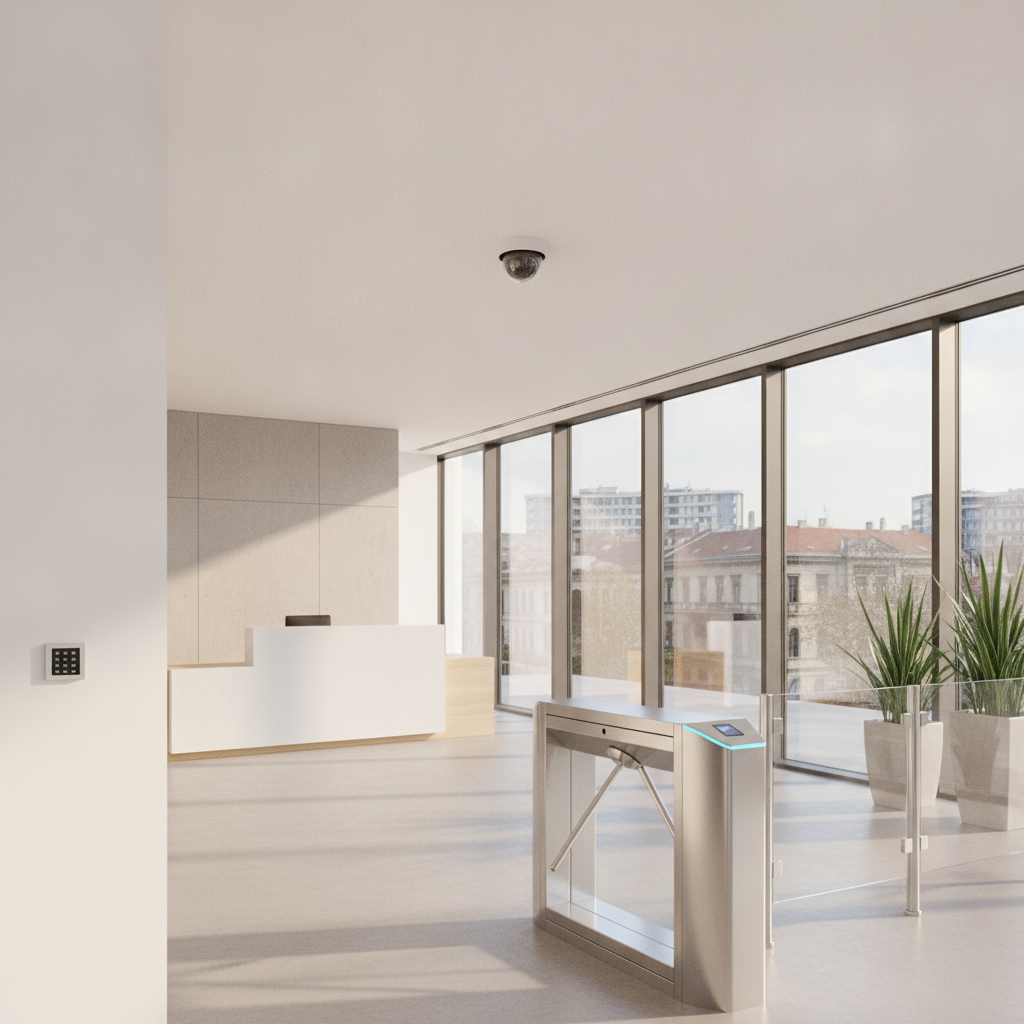 Modern Serbian business lobby with integrated access control turnstile and discreet video surveillance.