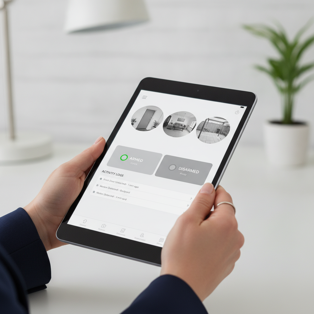 Tablet displaying integrated security system app for video surveillance, alarms, and access control.