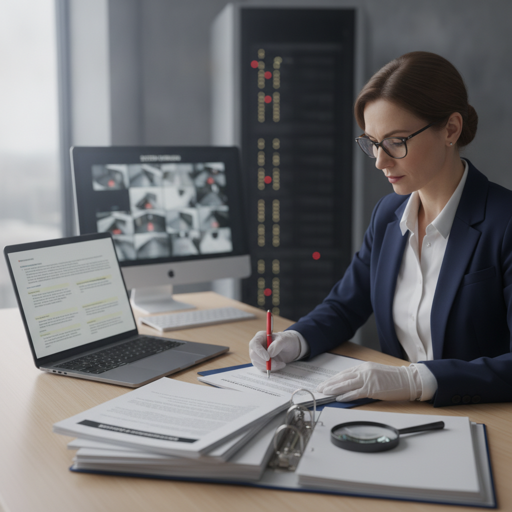 Compliance officer reviewing GDPR and video surveillance legal documents at a modern office desk.