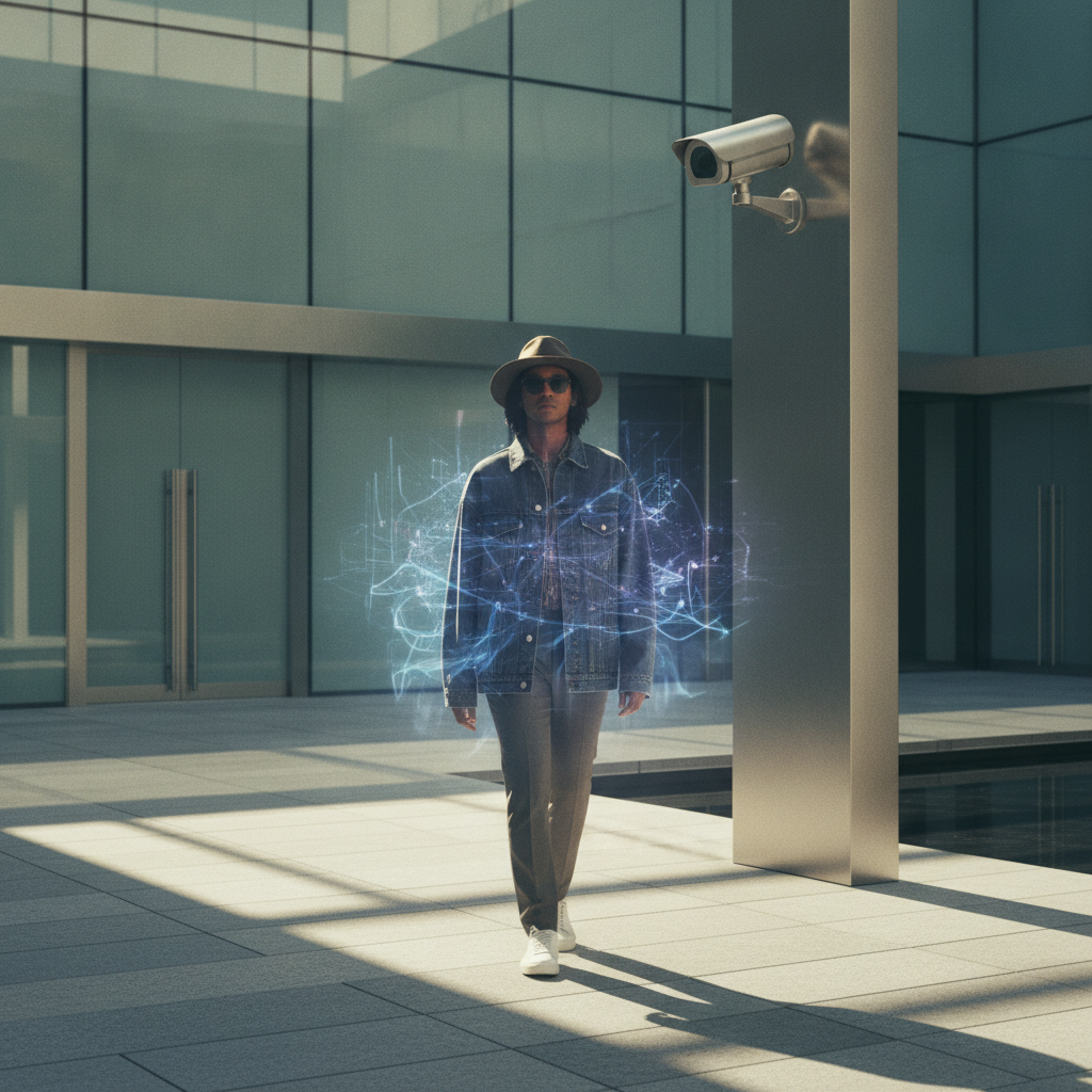 Anonymous person walking with a subtle digital privacy shield, symbolizing individual data protection against surveillance.
