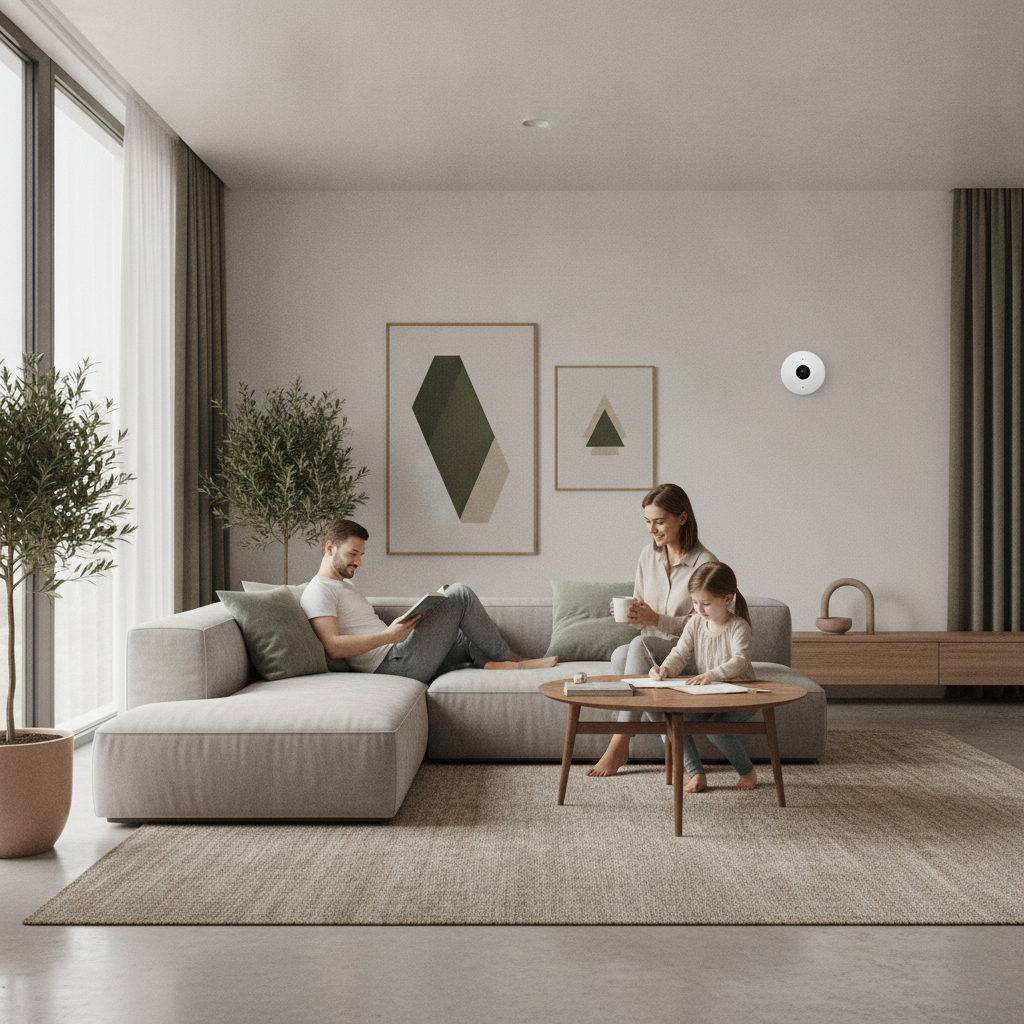 Peaceful family relaxing in a modern Serbian home, subtly secured by an advanced alarm system, symbolizing true peace of mind.