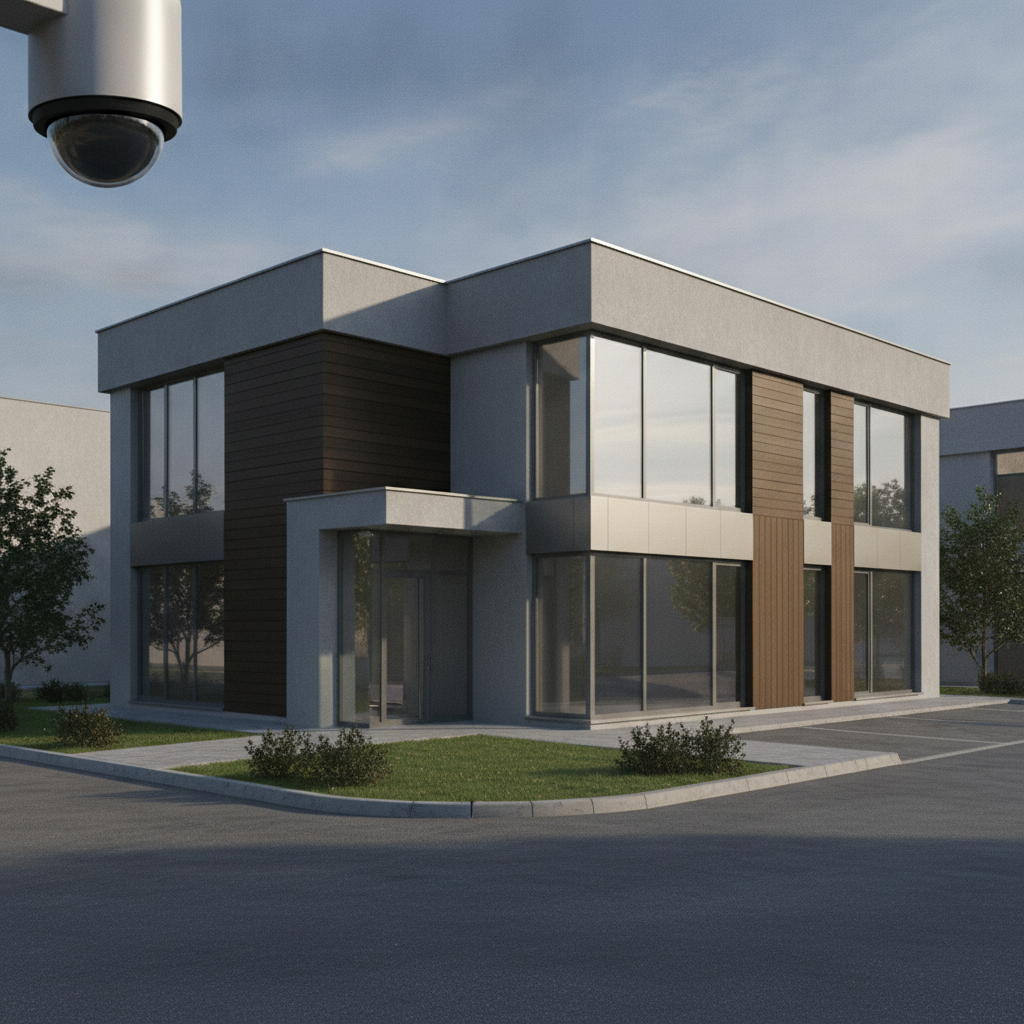 Secure modern building exterior with a visible, contemporary security camera, emphasizing real property protection.