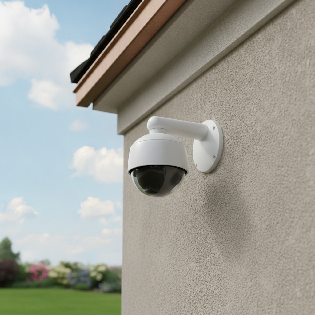 Close-up of a security camera poorly angled towards the sky, creating a large blind spot on a residential wall.