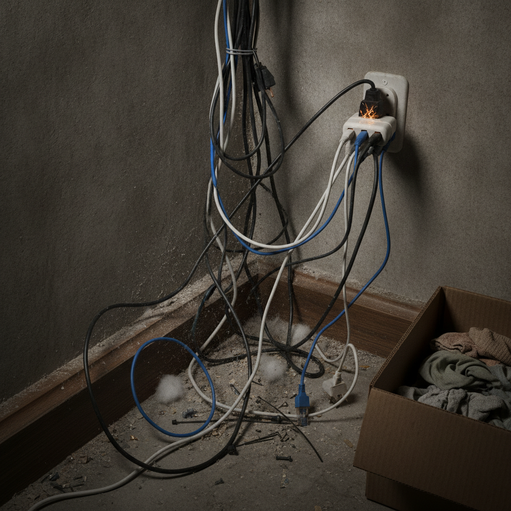 Messy and exposed security camera wiring with an overloaded power adapter, showing poor cable management.