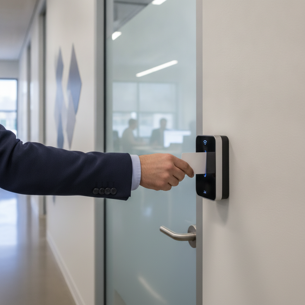 Employee using an access card to enter a secure office area via a modern card reader.