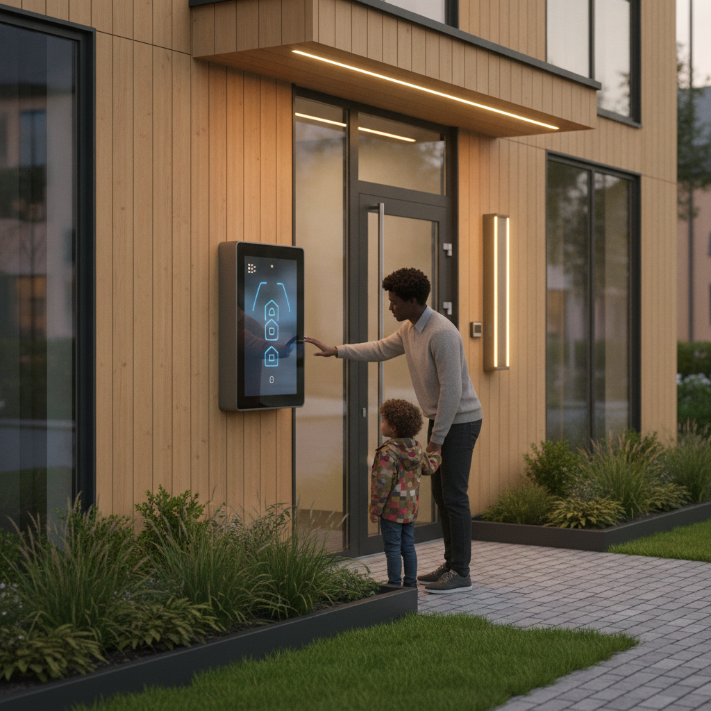 Family using a modern video intercom system at the entrance of a residential building.