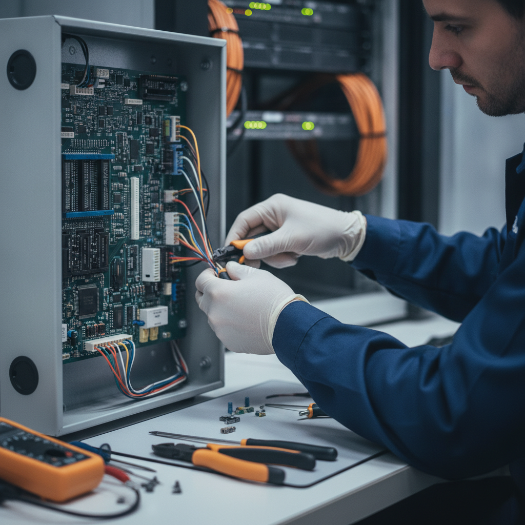 Technician installing or maintaining an access control system, showing intricate wiring and components.