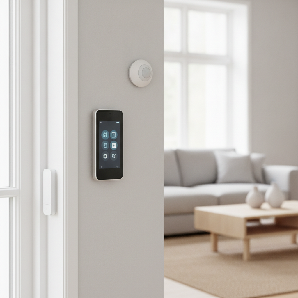 Close-up of a sleek smart home security control panel and discreet sensors seamlessly integrated into a modern interior.