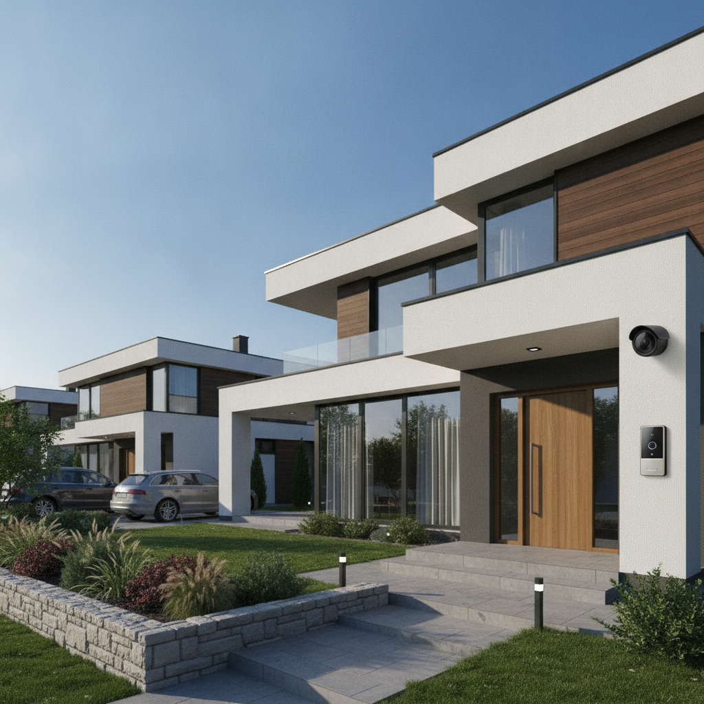 Modern Serbian house exterior with a discreet smart security camera and smart doorbell, emphasizing perimeter protection.
