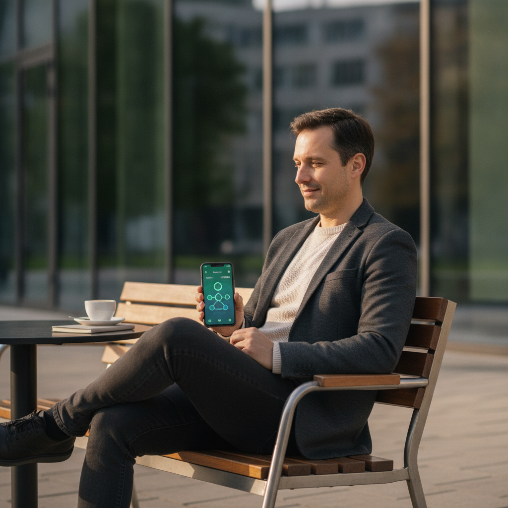 A person calmly checking their smart home security system remotely on a smartphone, showing peace of mind.