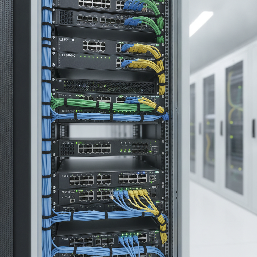 Close-up of modern, organized network server rack with neatly cabled routers and switches, symbolizing robust infrastructure.