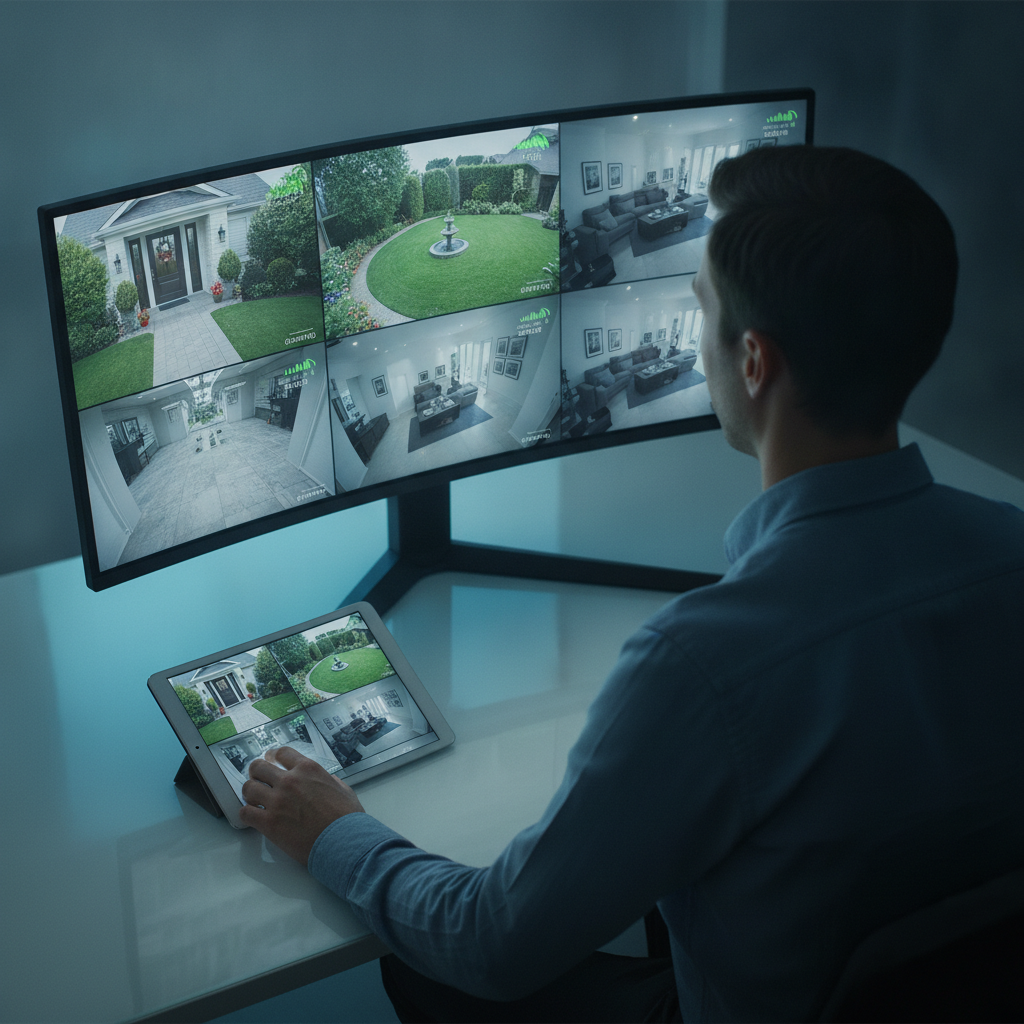 Person viewing multiple high-definition security camera feeds on a large monitor, demonstrating real-time network surveillance.