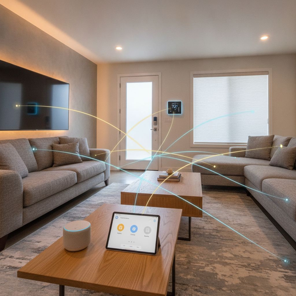 Modern smart living room with various interconnected smart home devices, illustrating seamless network integration.